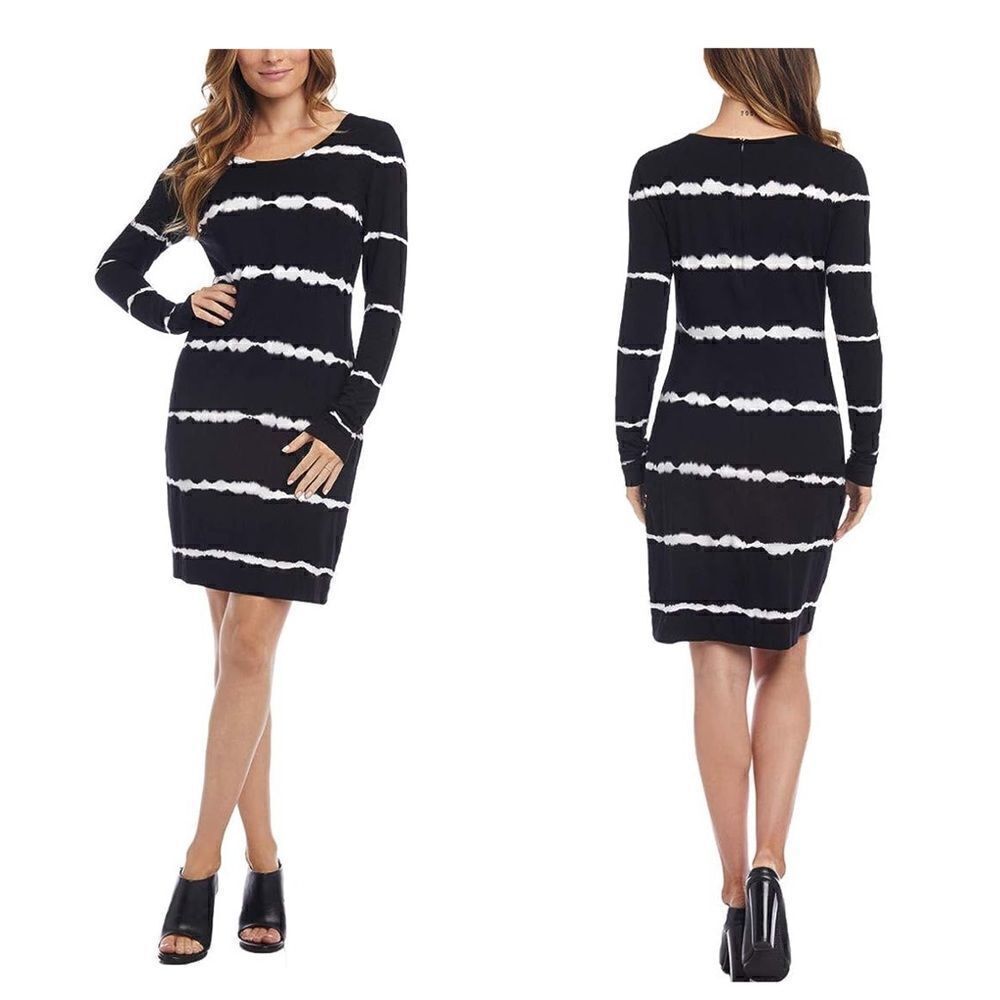 Karen Kane Black & White Tie Dye Sheath Long Sleeve Dress XLARGE